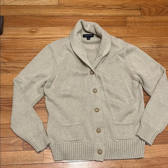 Lands End Cardigan Grandpa Fisherman Sweater Cream Medium 10-12 - Picture 2 of 6